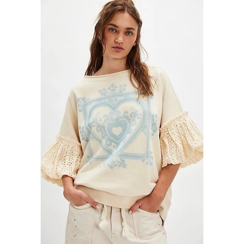 NWT!! FREE PEOPLE Doily Sweatshirt Heart Ivory Blue Eyelet Lace Bohemian Small